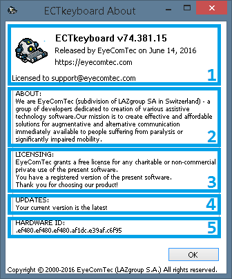 An updated About window of the ECTkeyboard program