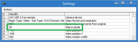 Setting of the movement step size through ECTcamera settings panel