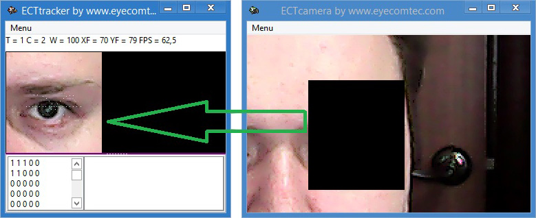 Захват фрагмента изображения из окна ECTcamera при помощи окна-мишени программы ECTtracker