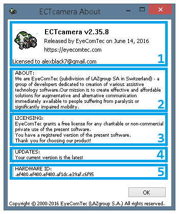 An updated ਬਾਰੇ window of the ECTcamera program