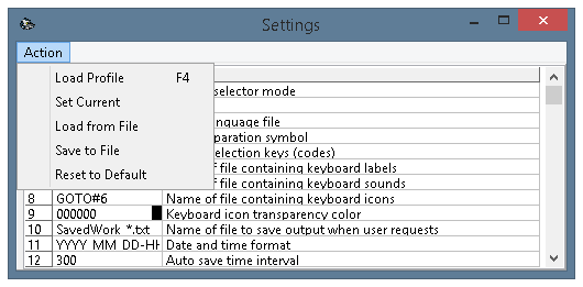 Action menu of the settings window