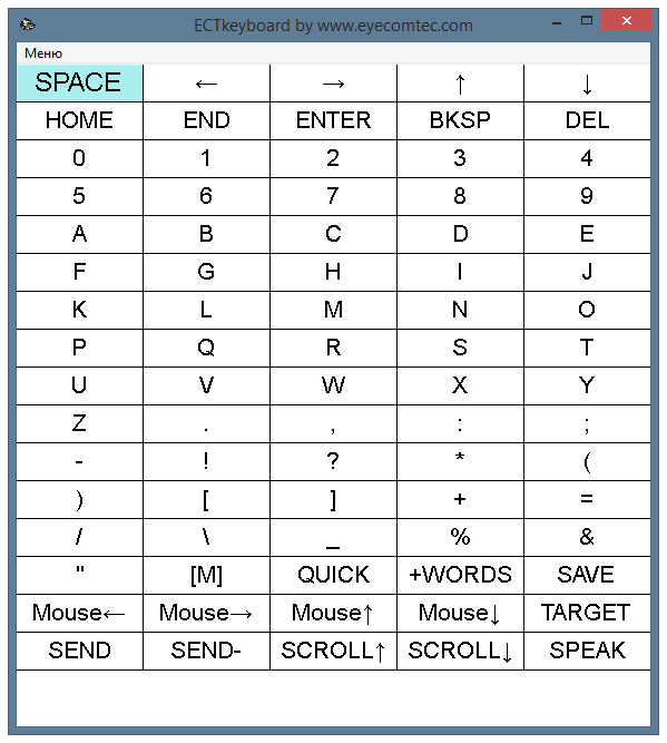 The virtual keyboard with 16 rows and 5 columns