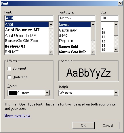 Operating system window with a list of fonts