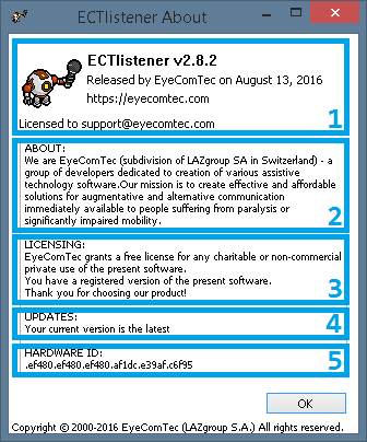 An updated À propos window of the ECTlistener program