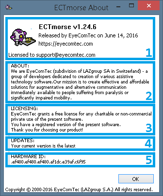 An updated hakkında window of the ECTmorse program