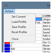 'Action' menu of the settings panel of the program