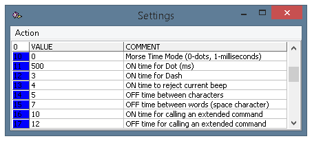 The settings panel of the program, parameters 10-17
