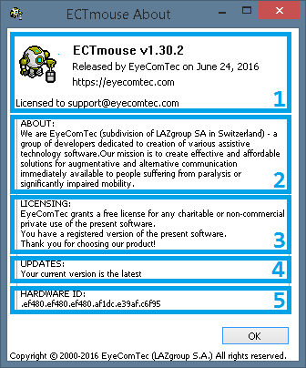 An updated Acerca de window of the ECTmouse program