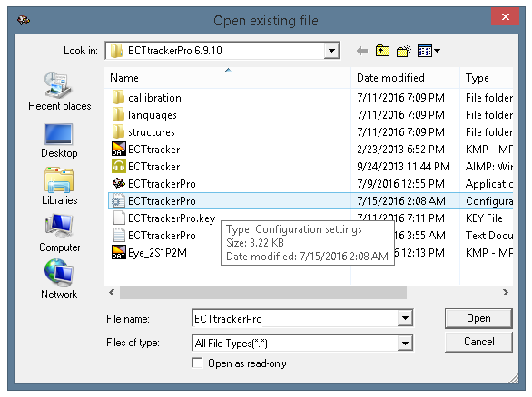 Загрузка файла конфигурации ECTtracker