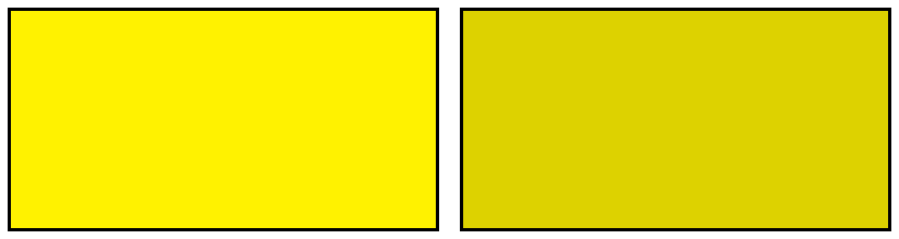 Отличия массивов RGB и HSL. Для цвета слева: RGB – 255 242 0, HSL – 38 240 120. Для цвета справа: RGB – 221 210 0, HSL – 38 240 104